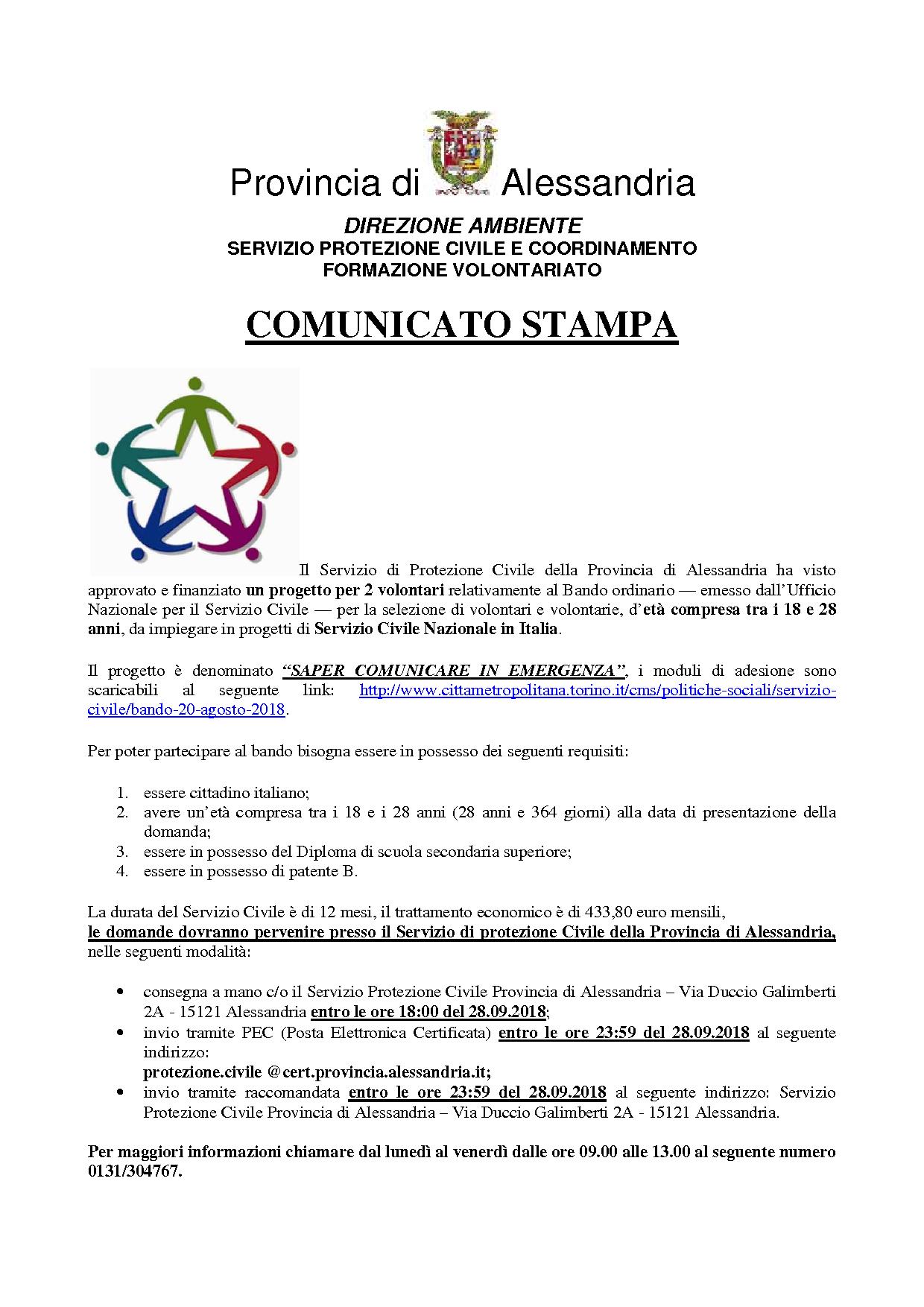 Comunicato Stampa Servizio Civile 2018