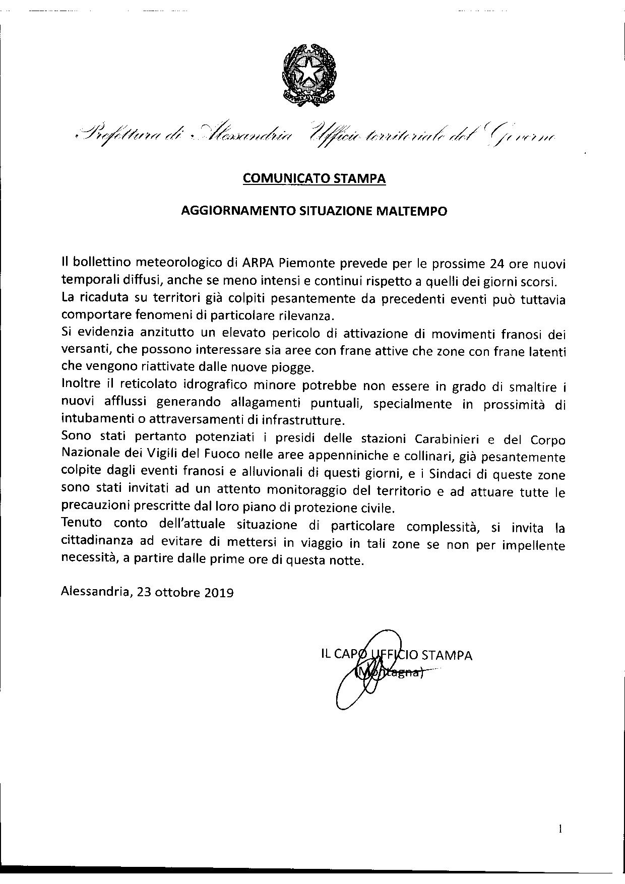 Comunicato stampa 23 ottobre 2019