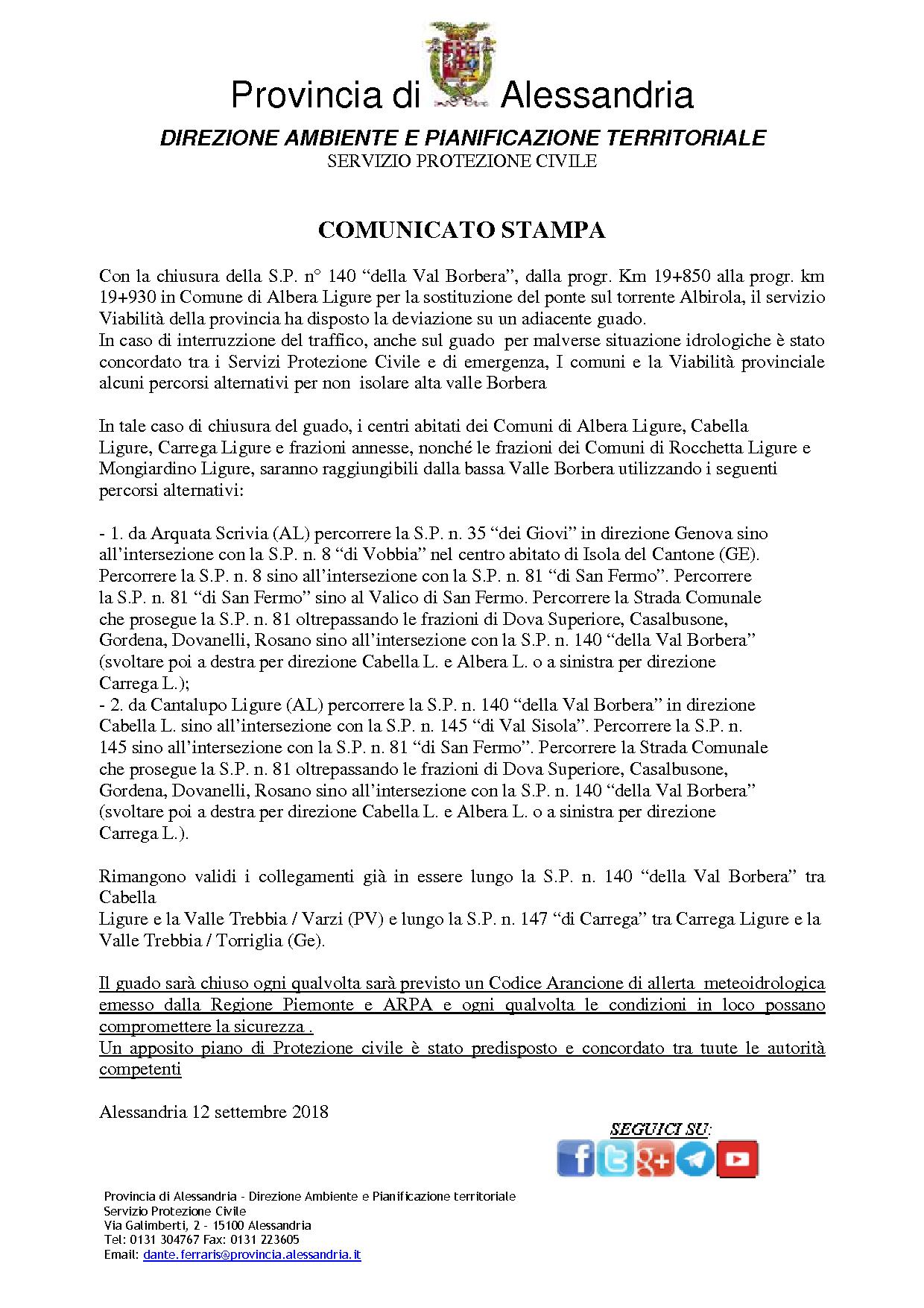 Comunicato stampa PROV Albera 2018