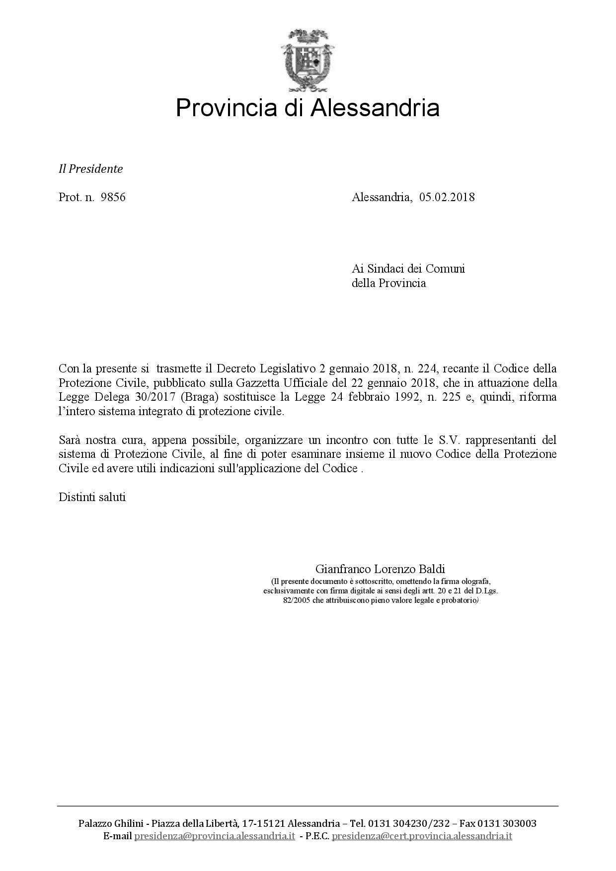 Lettera Presidente codice protezione civile