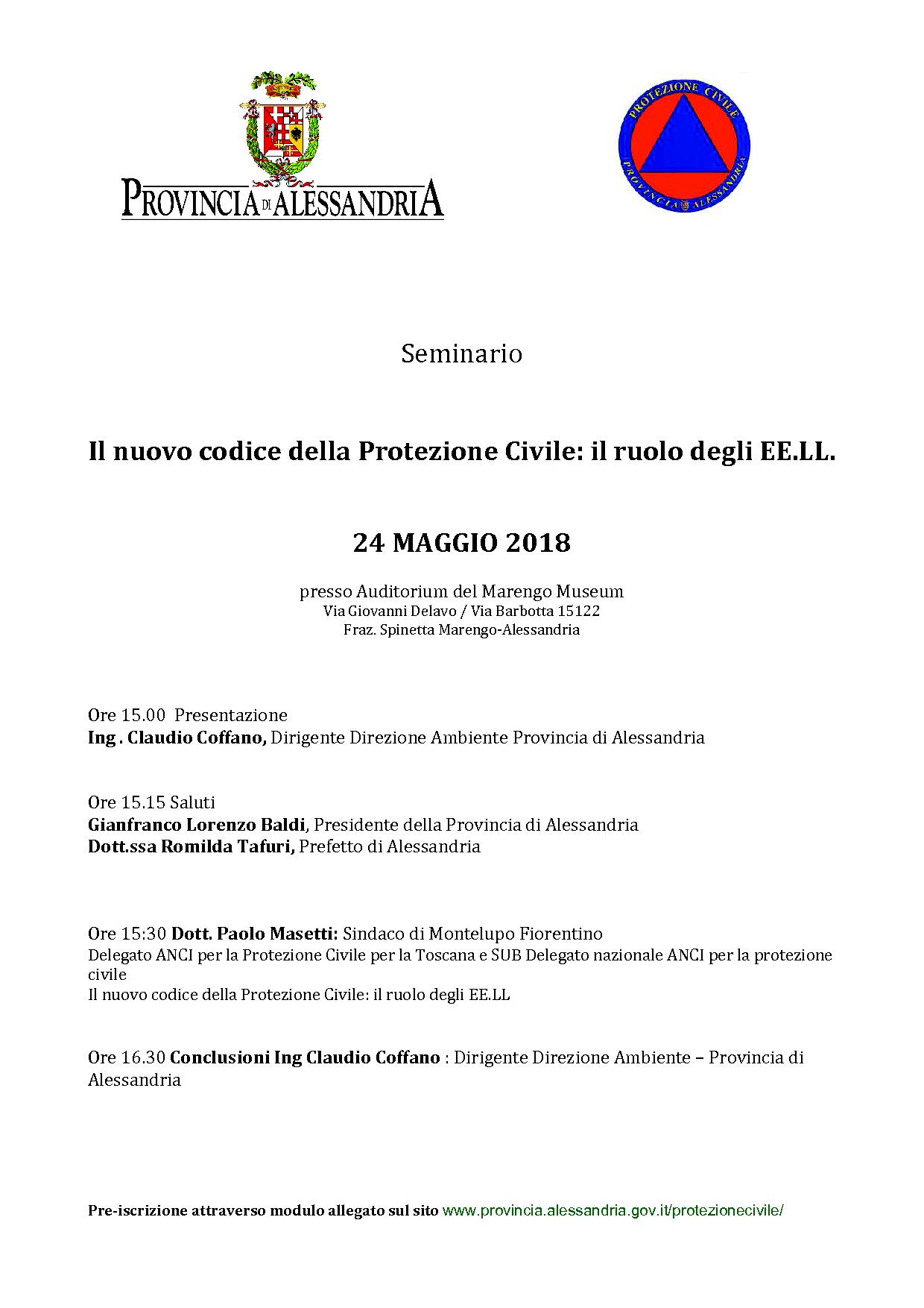 PROGRAMMA SEMINARIO IL NUOVO CODICE DELLA PROTEZIONE CIVILE IL RUOLO DEGLI EE.LL